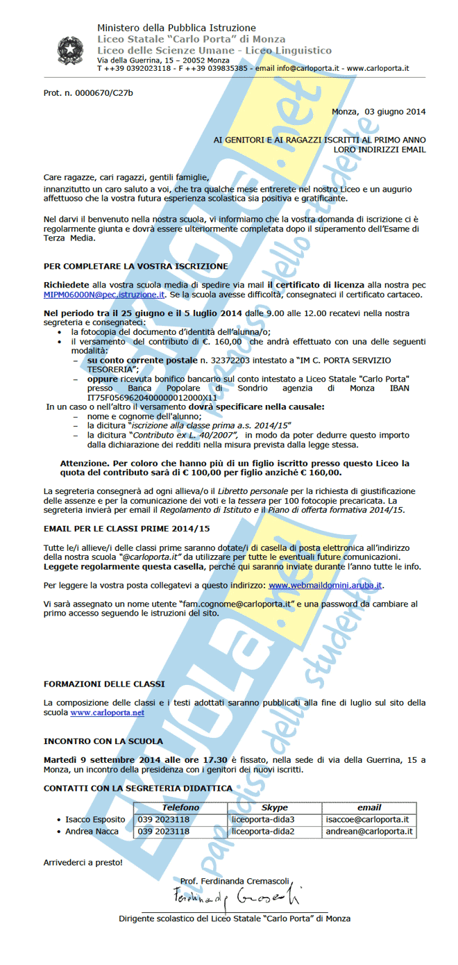 contributi scolastici tasse scolastiche estive circolare Carlo Porta