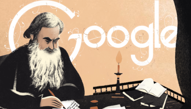 Il grande scrittore russo Tolstoji è ricordato oggi da Google nel suo doodle quotidiano