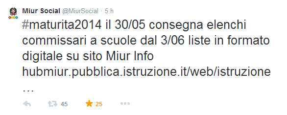 Ecco il tweet del Miur che ufficializza l'uscita in settimana dei nomi dei commissari esterni per la maturità 2014
