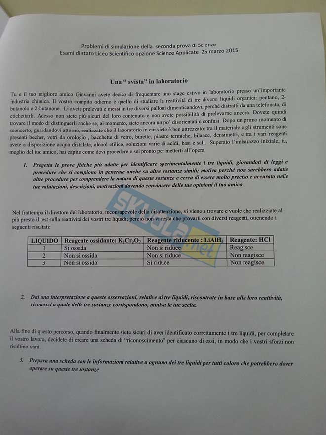foto della traccia simulazione della seconda prova di Scienza della maturità del liceo scientifico
