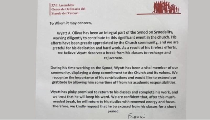 Papa Francesco firma la giustificazione per l'università di Wyatt, il più giovane partecipante al Sinodo