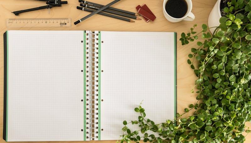 Quaderno sulla scrivania con pianta