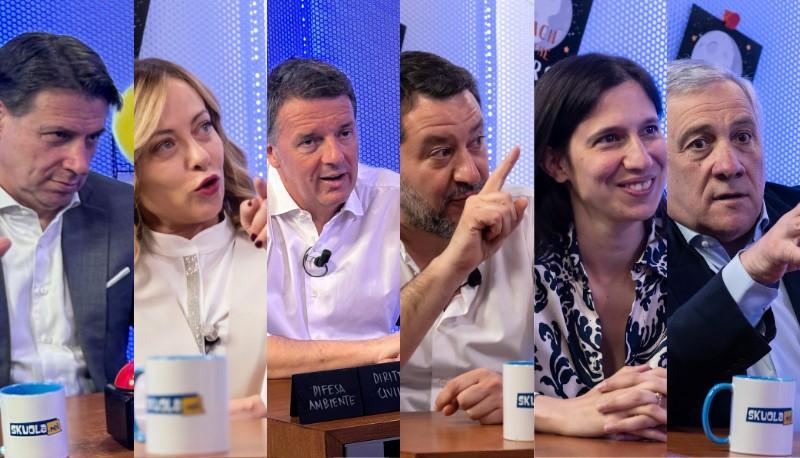 Conte, Meloni, Renzi, Salvini, Schlein, Tajani durante il PolitiGame di Skuola.net