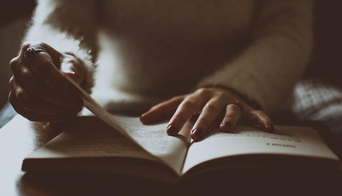 Studentessa di un corso di laurea umanistica che studia da un libro