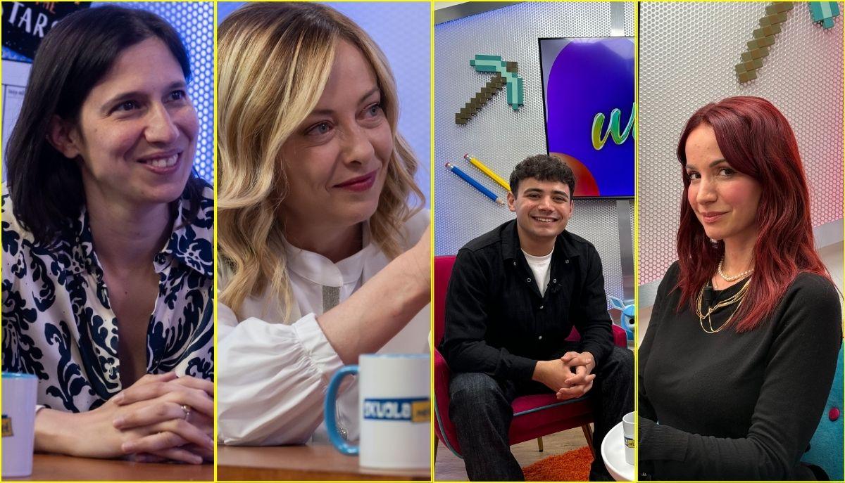 Da sinistra: Elly Schlein, Giorgia Meloni, Gabriele Vagnato e Andrea Delogu