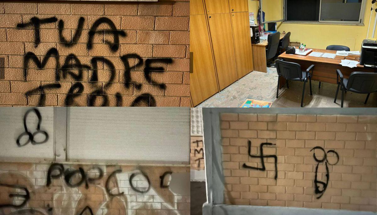 Entrano a scuola incappucciati lanciando una bomba carta e imbrattando i muri: è caccia ai responsabili