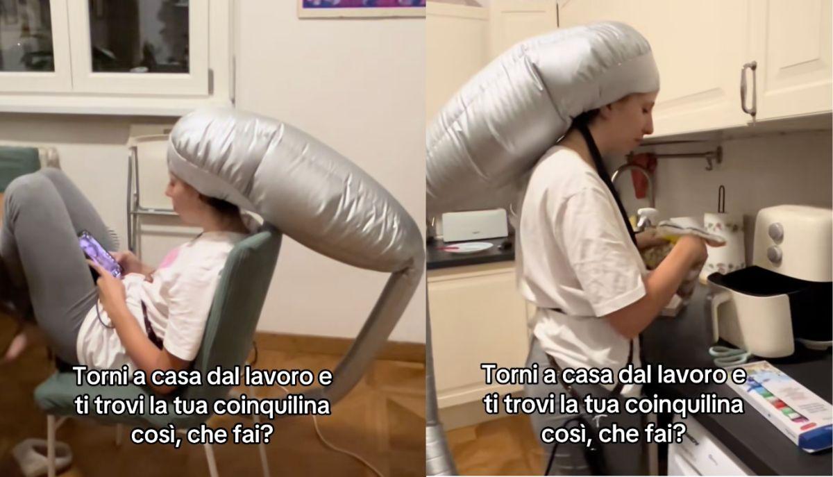 Torna a casa e trova la coinquilina con uno strano casco in testa: il video è virale