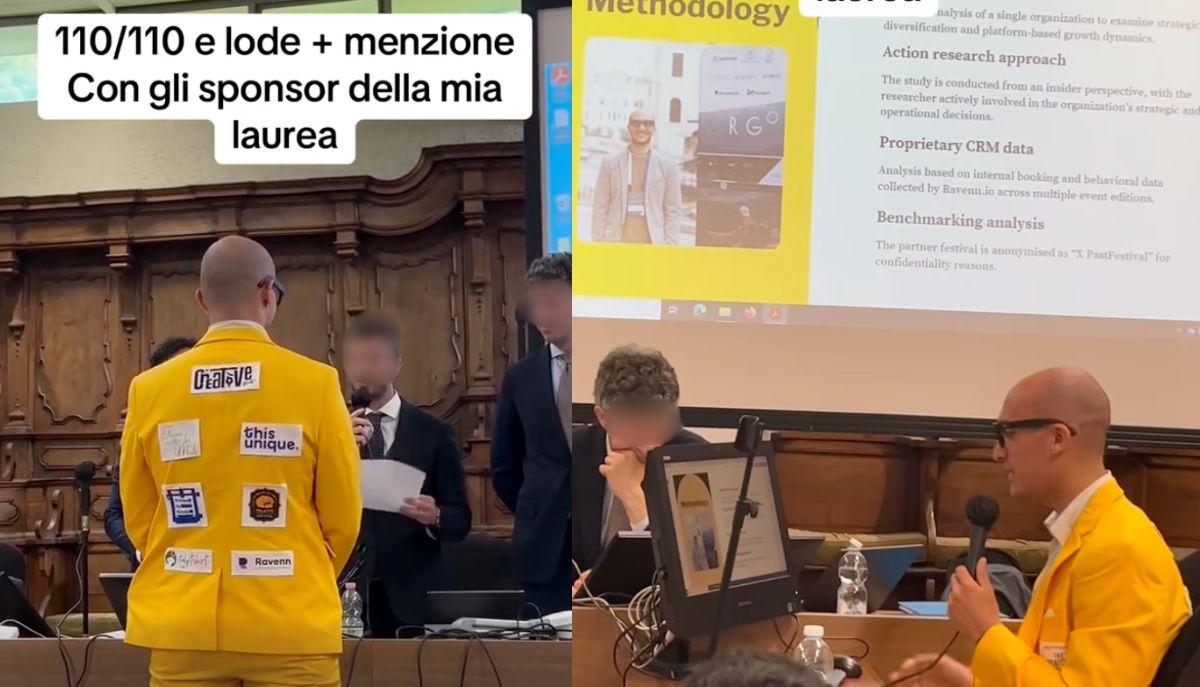 Si laurea con gli sponsor sulla giacca prendendo il massimo dei voti: il video è virale