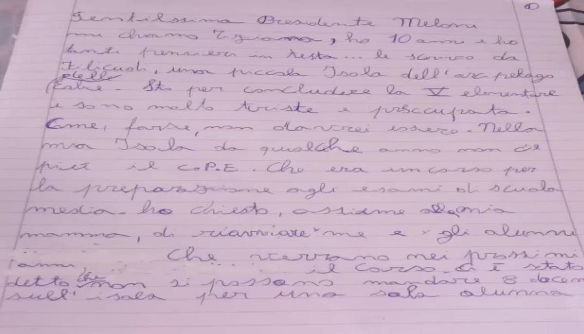 Alunna di 10 anni di Filicudi scrive alla Presidente Meloni: "Per studiare rischio di lasciare la mia isola"