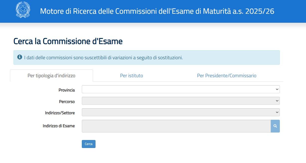 Schermata per cerca i commissari esterni di Maturit&agrave;