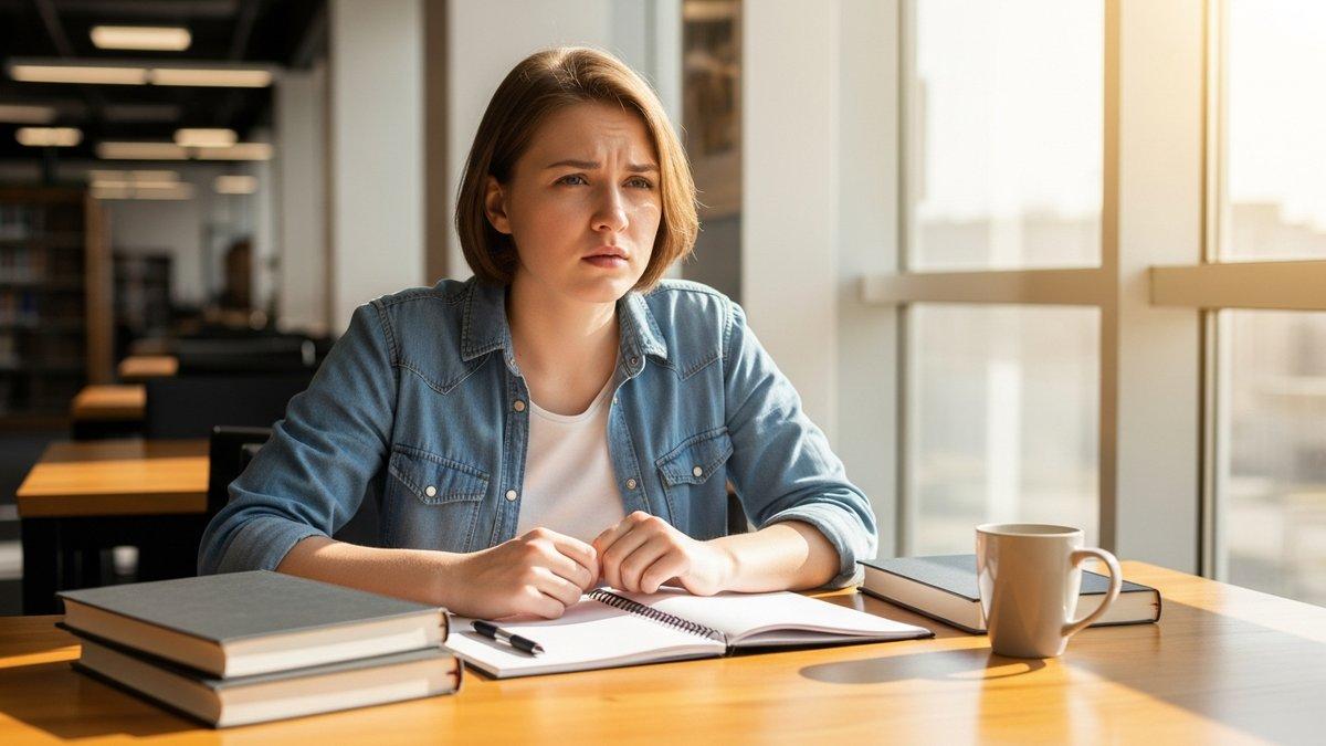 Studente universitario in una biblioteca luminosa, concentrato e pensieroso davanti ai suoi libri di studio.
