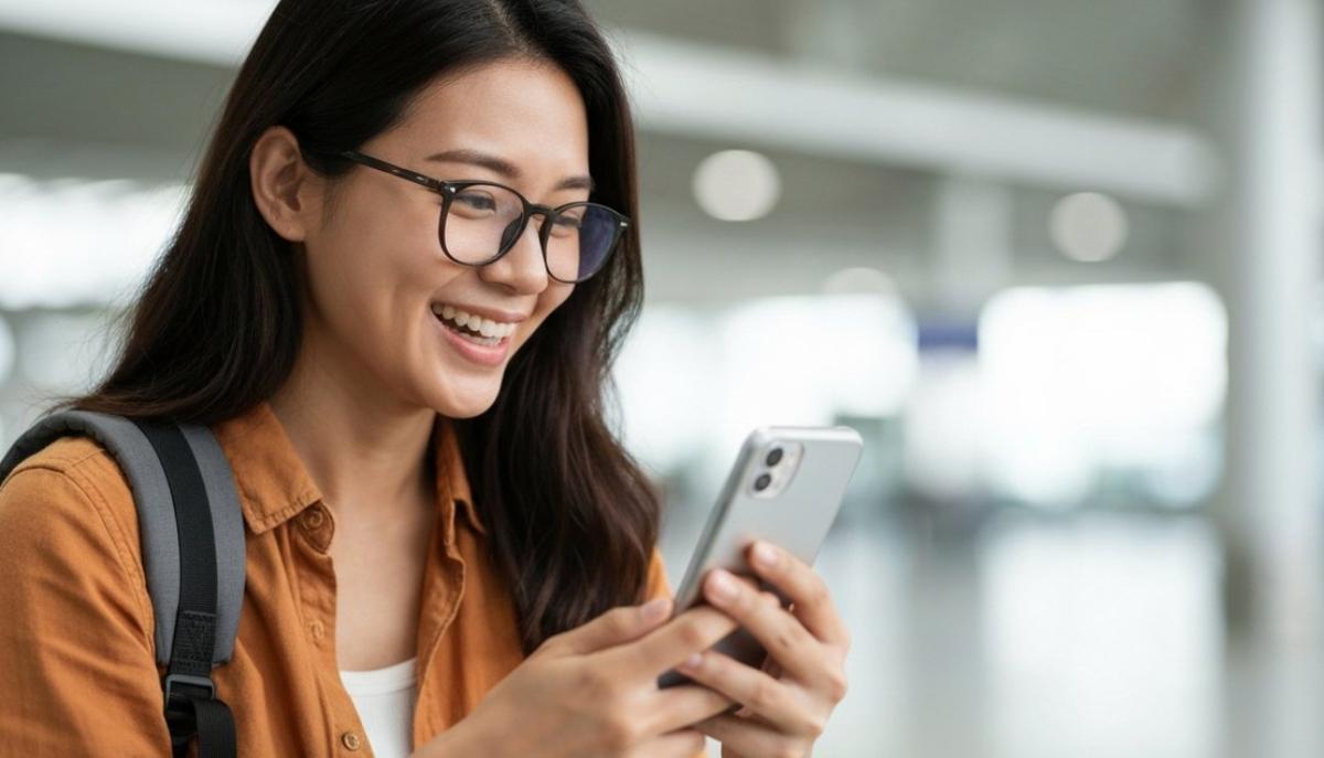 Studente universitario sorridente con smartphone e zaino in spalla in un aeroporto, pronto a partire per l'Erasmus