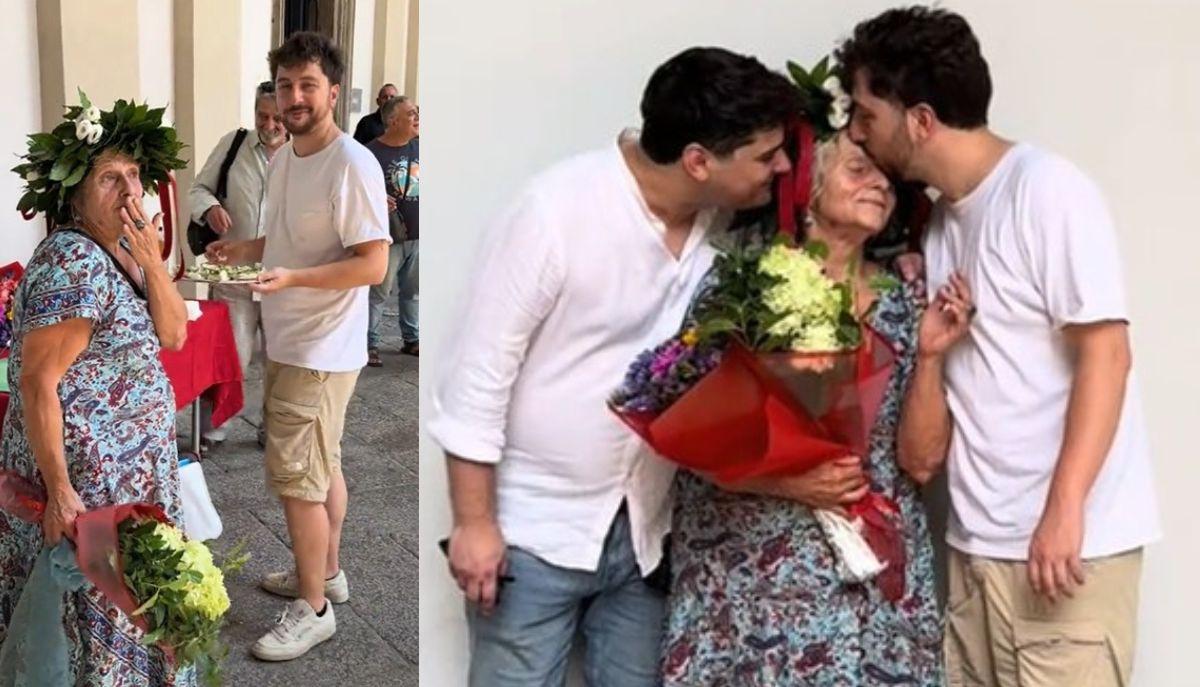 A 67 anni si laurea in arte con 110 e lode e il figlio le prepara il buffet