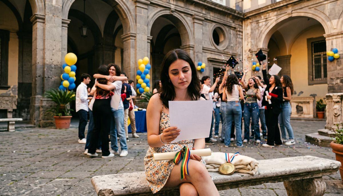 Una giovane studentessa neo-diplomata, seduta su una panchina di pietra nel cortile storico di una scuola, legge con espressione seria e pensierosa un foglio bianco. Sul grembo tiene un diploma arrotolato con nastro tricolore. Sullo sfondo sfocato, un gruppo di compagni di classe festeggia con gioia, abbracciandosi e lanciando tocchi accademici, circondati da palloncini gialli e blu.
