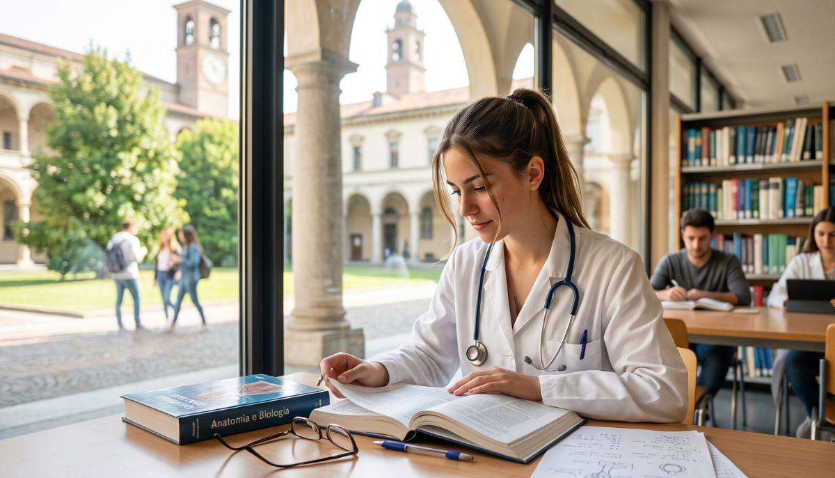 studentessa di medicina studia in biblioteca