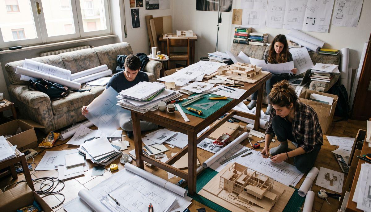 studenti alle prese con progetti di architettura in salotto