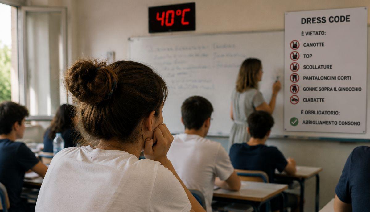 immagine che ritrae una classe di studenti in un'aula calda e una grafica che riassume il dress code