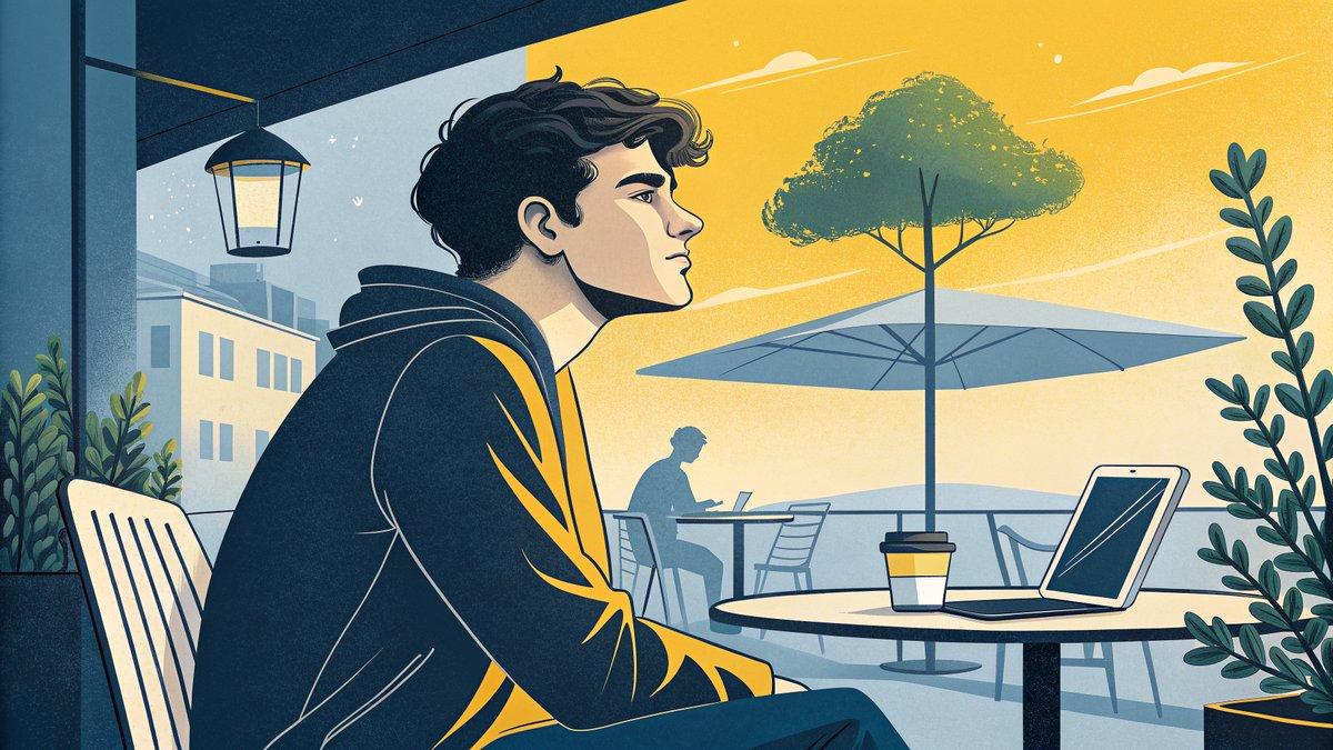 Illustrazione d un ragazzo da solo al bar