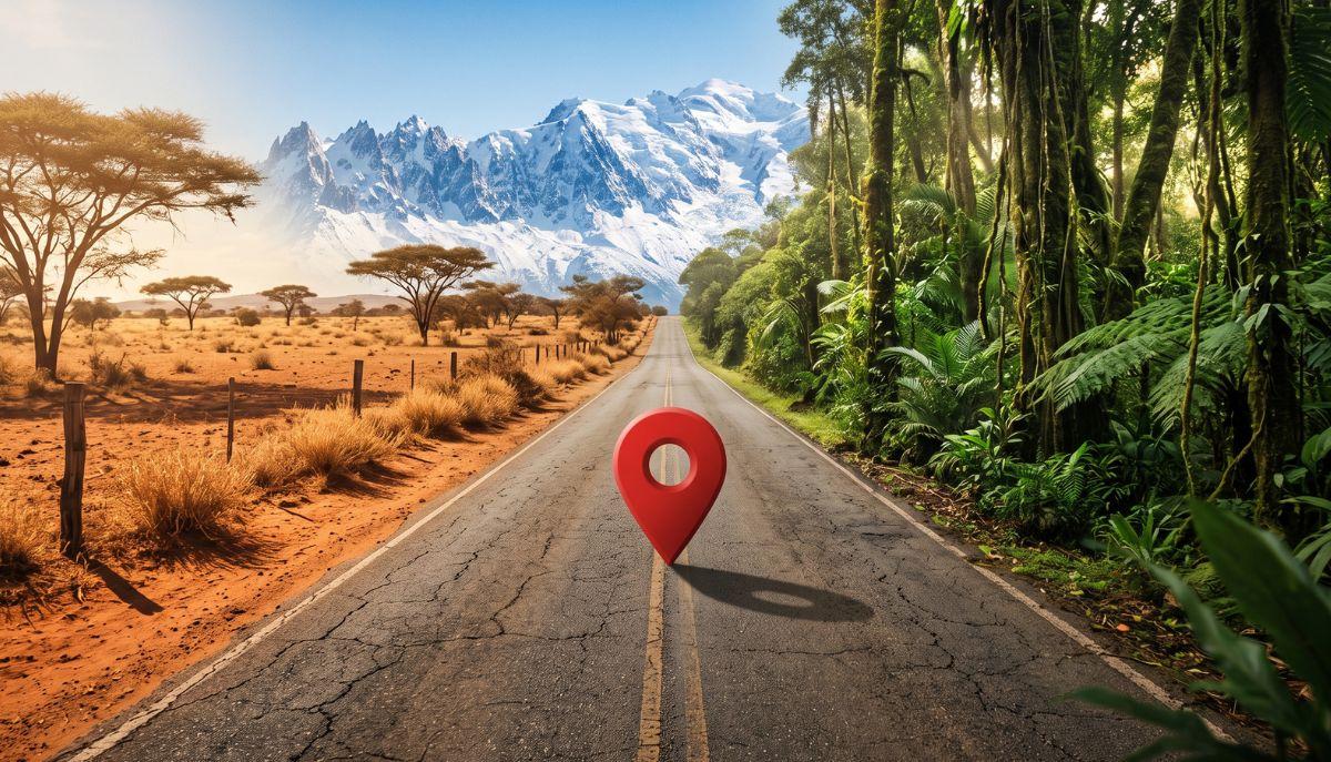 Una visuale in prima persona dal centro di una strada, che simula l'esperienza del gioco GeoGuessr. Al centro dell'asfalto svetta un grande segnaposto rosso di localizzazione in 3D. L'ambiente circostante è un collage di diversi biomi globali: un lato mostra un'arida savana con terra rossa, l'altro una rigogliosa foresta pluviale, mentre in lontananza si scorgono montagne innevate