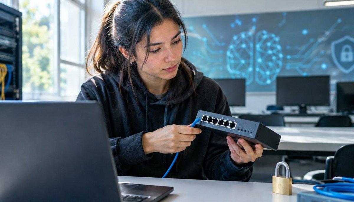 Illustrazione di una ragazza che collega un cavo a uno switch di rete in un'aula informatica