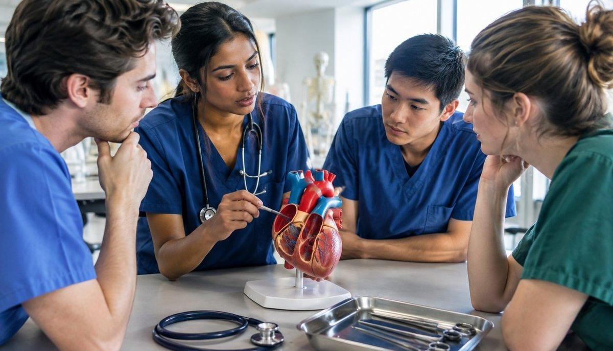 Illustrazione di specializzazioni medicina: quattro medici studiano un modello anatomico del cuore