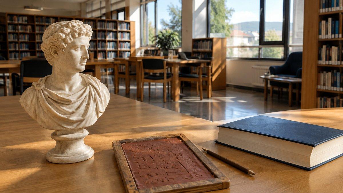 Biblioteca scolastica con busto romano per il corso di latino alle medie