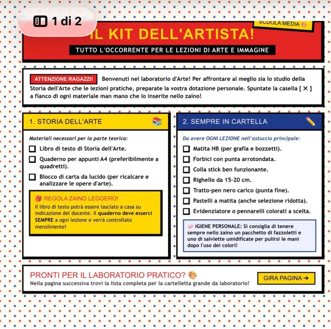 Tabella del materiale artistico