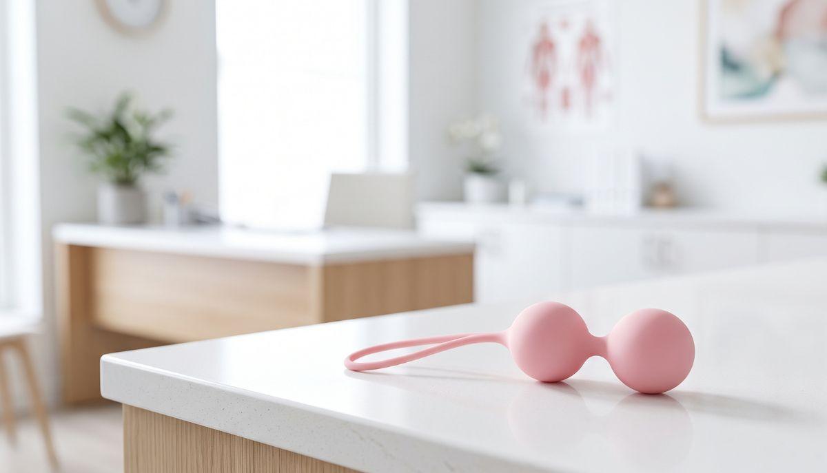 Un paio di palline di Kegel in silicone appoggiate su una superficie bianca in un ambiente medico luminoso e professionale, a tema benessere e salute della donna.