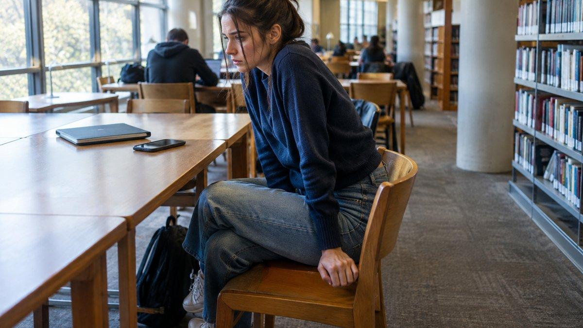 Studente universitario in ansia in biblioteca con smartphone spento e quaderno chiuso
