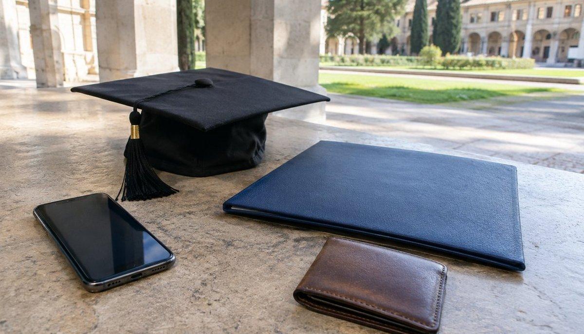 Illustrazione di tocco di laurea, diploma, smartphone e portafoglio su un tavolo in un cortile universitario