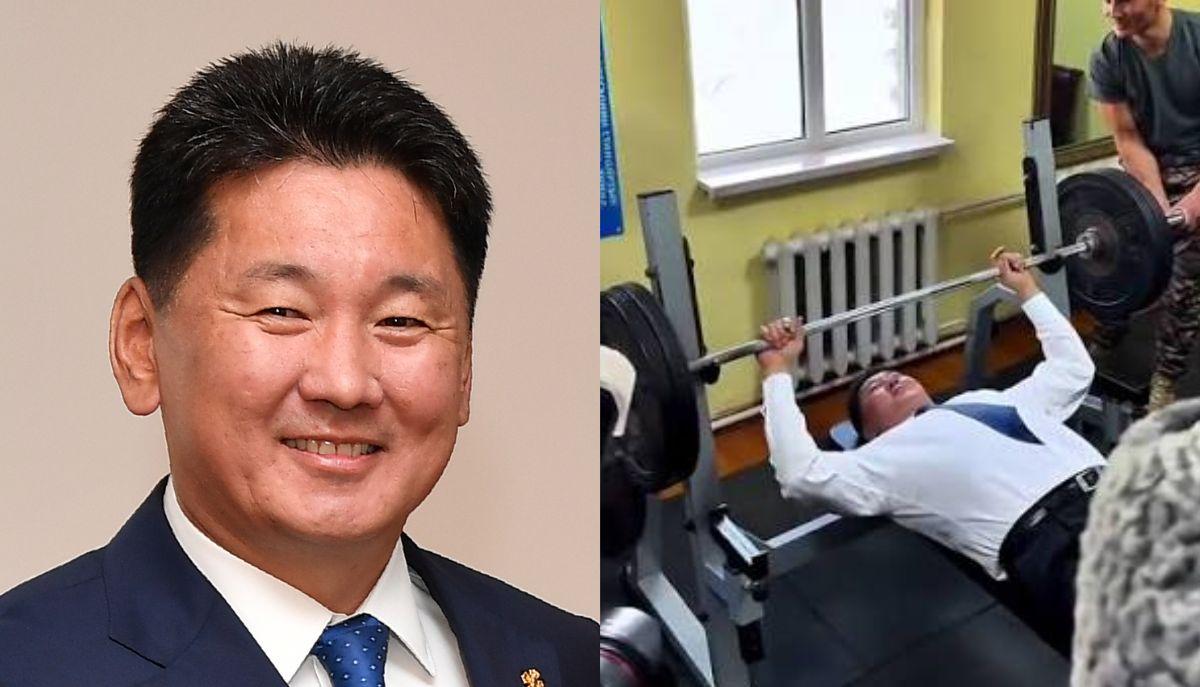 Presidente della Mongolia alza 100 kg di panca