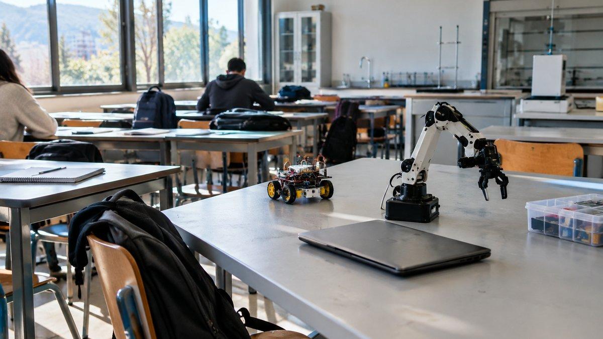 Aula scolastica con dei robot sul banco
