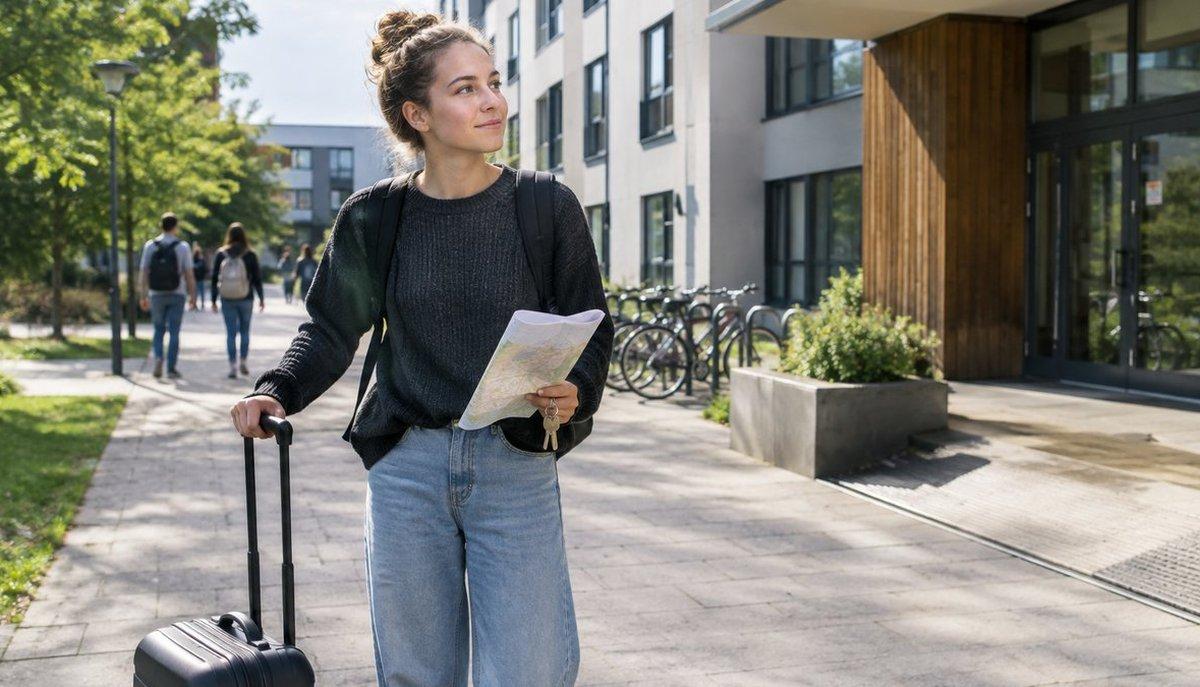 Illustrazione di una studentessa con valigia e mappa davanti a una residenza universitaria