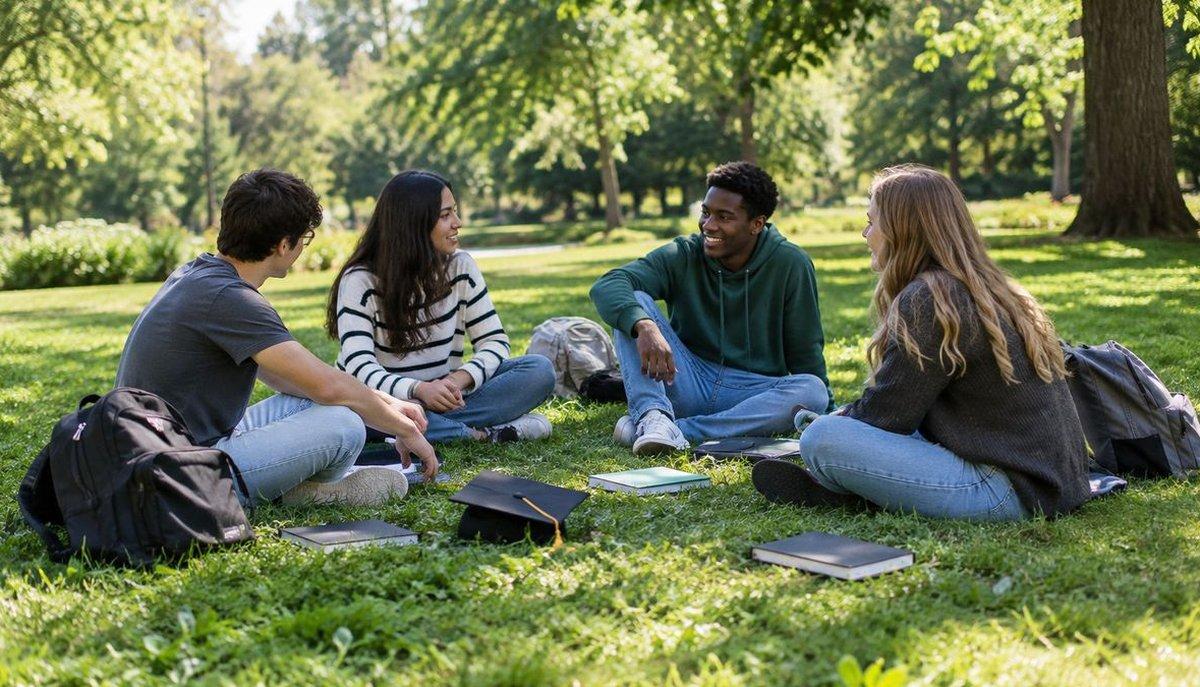 Illustrazione di quattro studenti che studiano insieme a un tavolo nel campus universitario