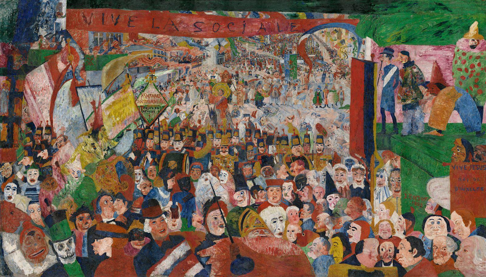 L'entrata di Cristo a Bruxelles nel 1889, dipinto di James Ensor con maschere simboliste