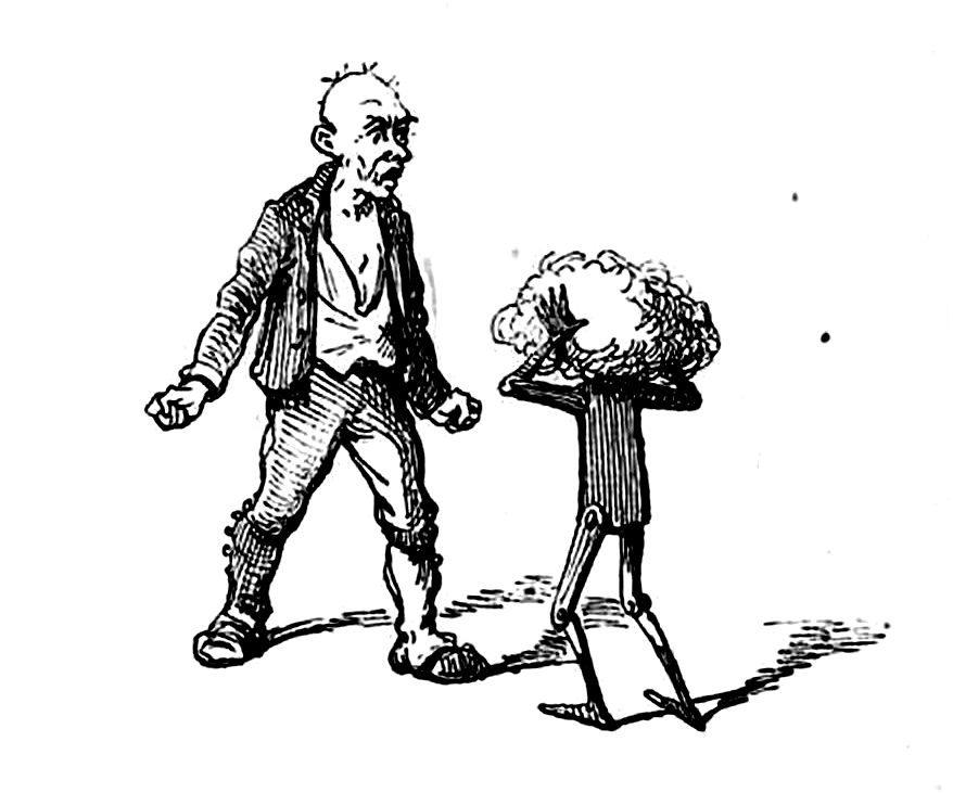Geppetto intaglia il burattino Pinocchio, illustrazione di Enrico Mazzanti del 1892