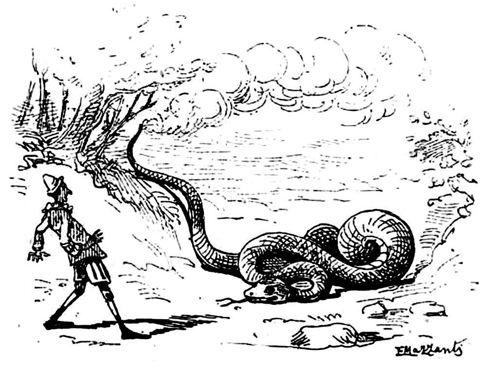 Pinocchio e il serpente, illustrazione di Enrico Mazzanti del 1892