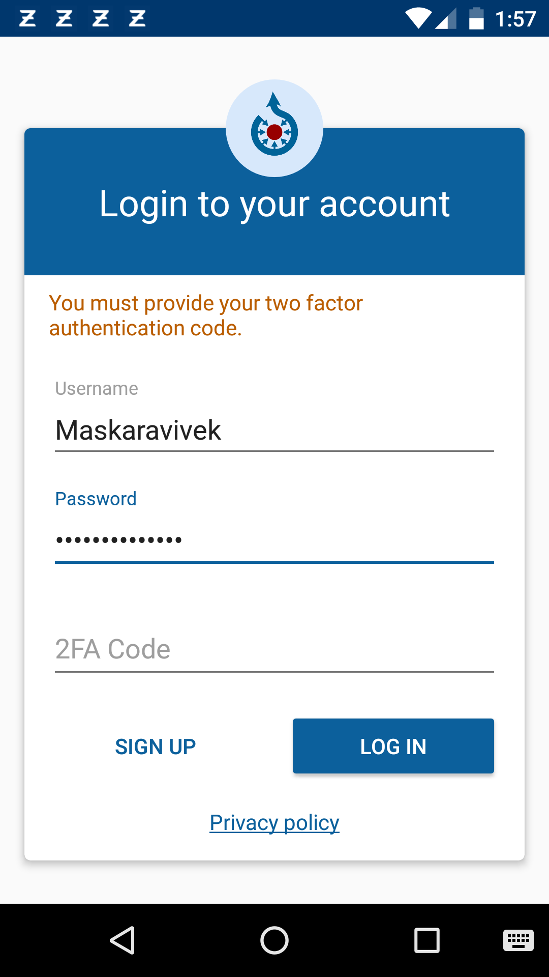 Schermata di login con campo password in un'app Android