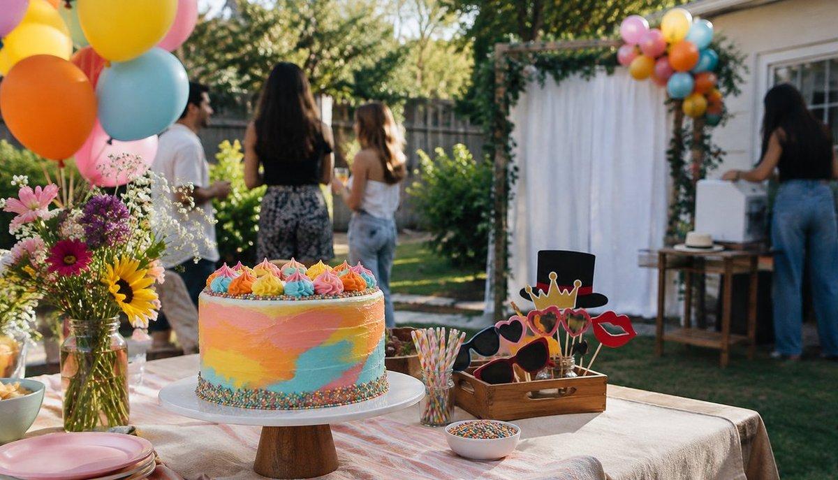 Allestimento per una festa dei 18 anni con torta, palloncini e photo booth