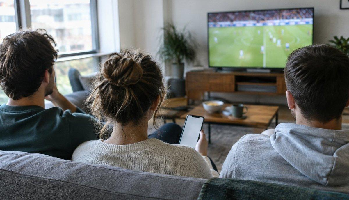Illustrazione di tre persone sul divano mentre guardano una partita di calcio in TV