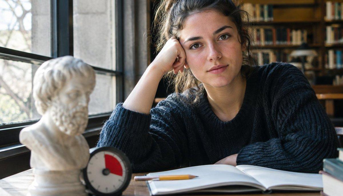 Illustrazione di una studentessa in biblioteca con libro aperto, orologio e busto di Aristotele
