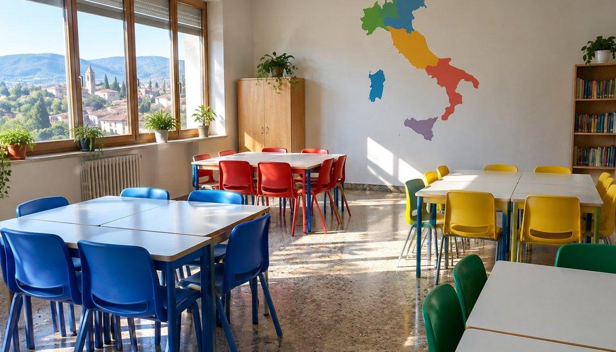 Illustrazione di un'aula vuota nelle scuole italiane con tavoli, sedie e una mappa dell'Italia sulla parete