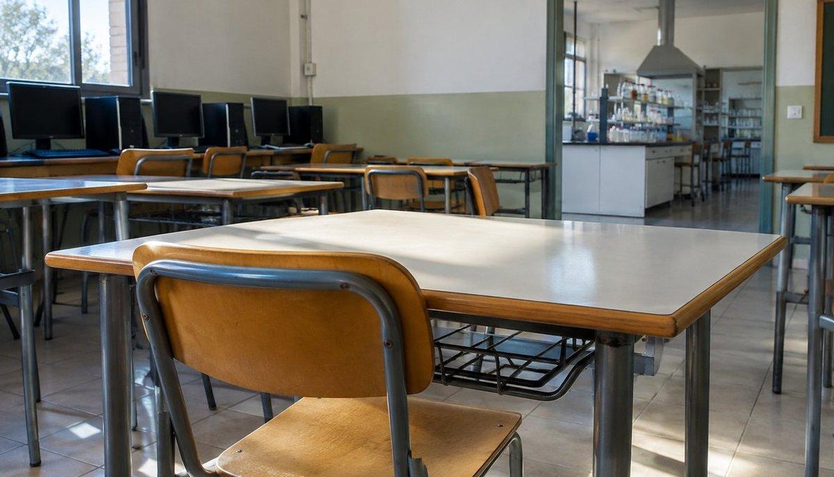 Illustrazione di un'aula scolastica vuota con banchi, sedie e computer