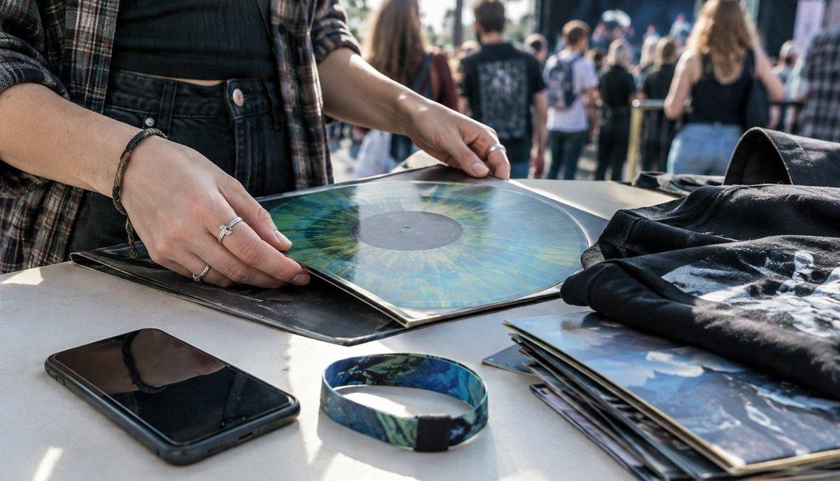 Illustrazione di una fan che sceglie un disco in vinile a un banchetto di merchandising durante un evento