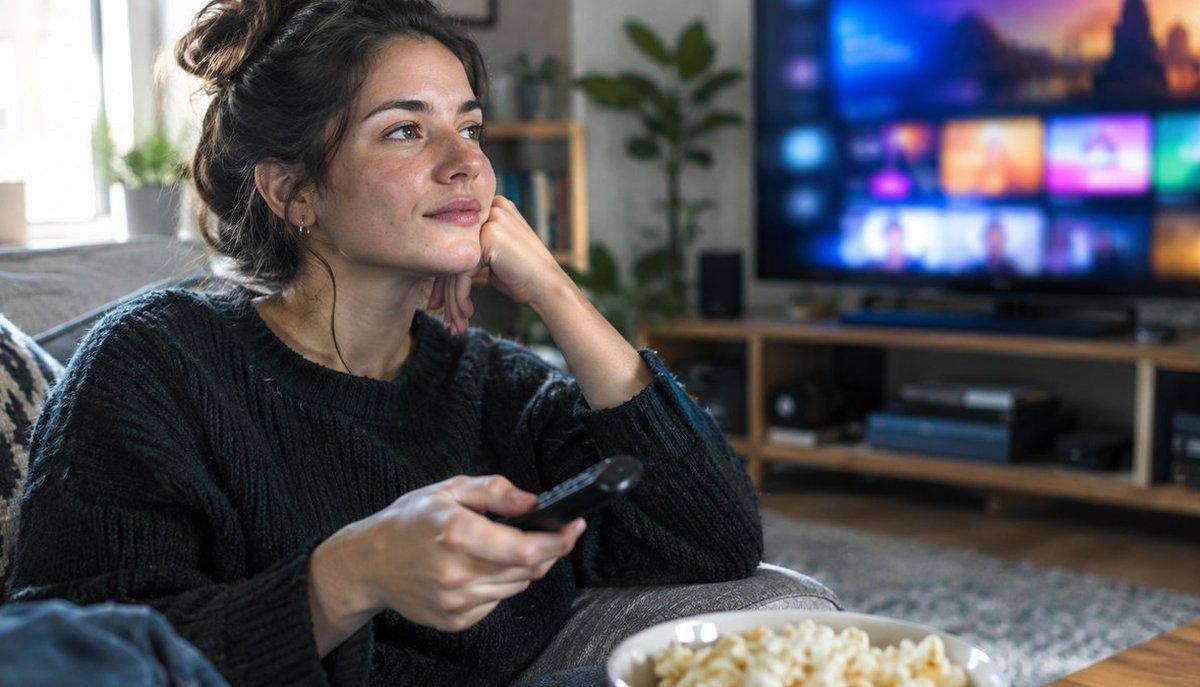 Illustrazione di una donna sul divano che usa il telecomando davanti a un televisore con contenuti in streaming
