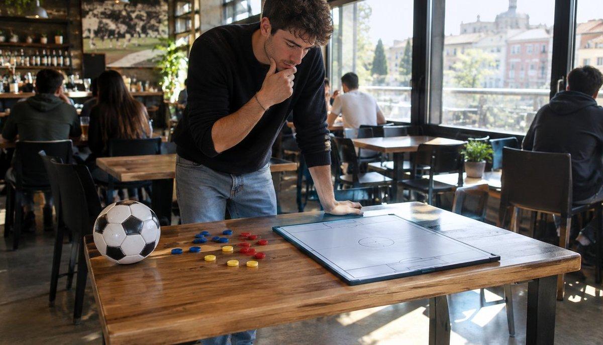 Illustrazione di un uomo che prepara una formazione di fantacalcio con pedine e lavagna tattica al tavolo di un bar