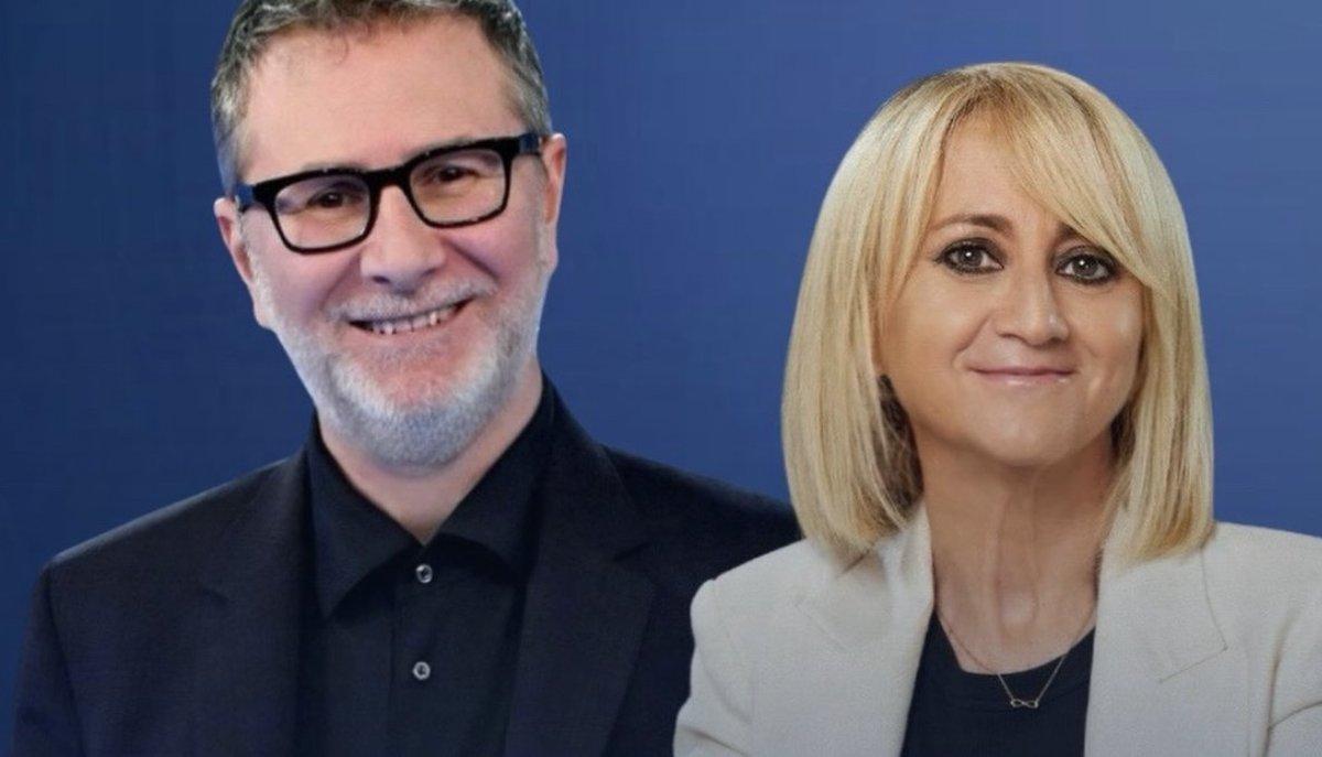 Fabio Fazio e Luciana Littizzetto sorridono davanti a uno sfondo blu