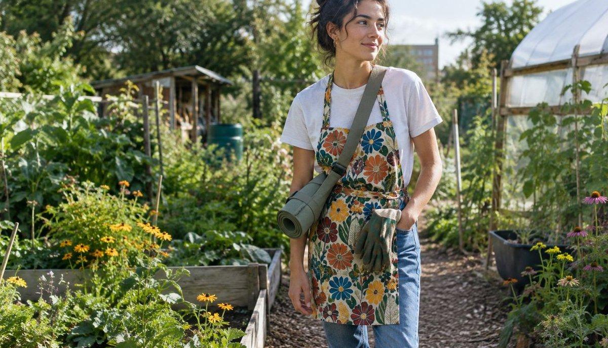 Illustrazione di una donna con grembiule e attrezzi da giardinaggio in un orto tra aiuole e serre