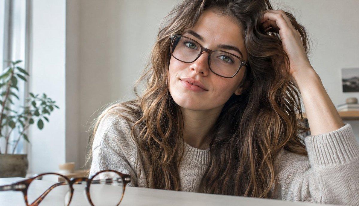 Illustrazione di una donna con occhiali che sistema i capelli, con un altro paio di occhiali sul tavolo