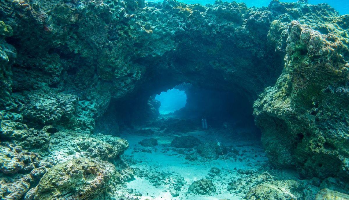 Illustrazione di una grotta sottomarina tra formazioni rocciose